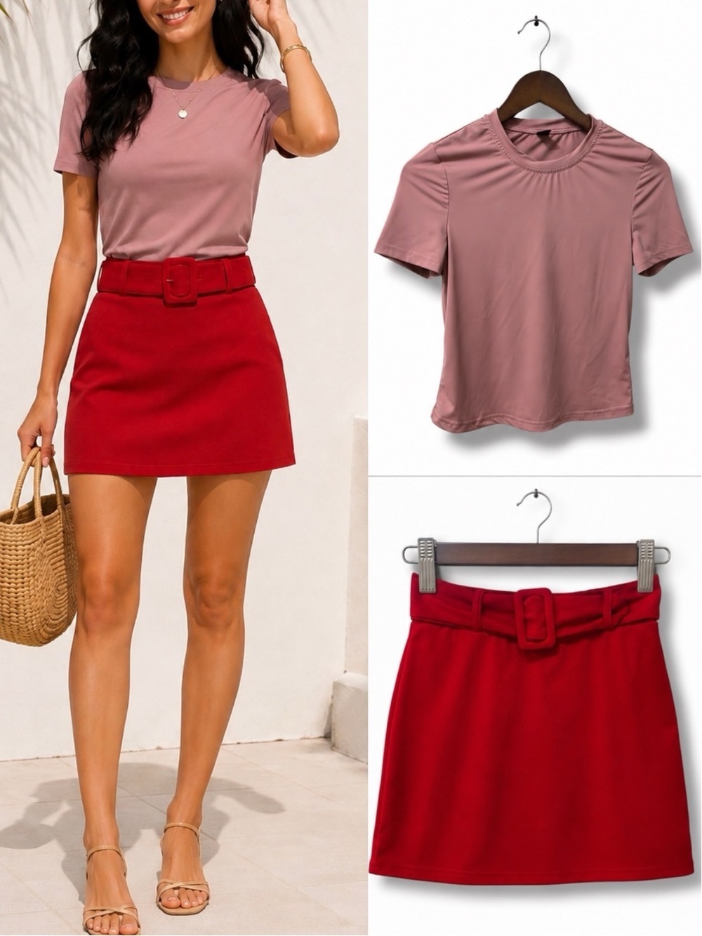 493 SHEIN | NWOT Bundle Set Dusty Pink Fitted Tee & Red Belted Mini Skirt (Sz S)